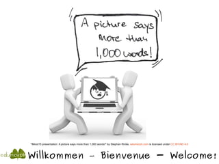 Willkommen – Bienvenue - Welcome!
"iMoot15 presentation: A picture says more than 1,000 words!" by Stephan Rinke, edumorph.com is licensed under CC BY-ND 4.0
 