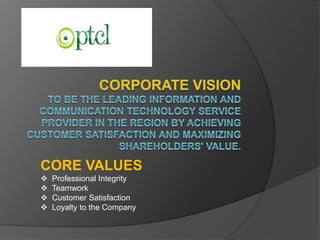 CORE VALUES
 Professional Integrity
 Teamwork
 Customer Satisfaction
 Loyalty to the Company
 