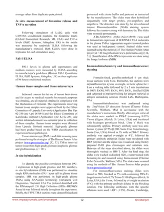 Oncotarget12www.impactjournals.com/oncotarget
average values from duplicate spots plotted.
In vitro measurement of histamine release and
TNF-α secretion
Following stimulation of LAD2 cells with
U2987MG-conditioned medium, the histamine levels
(Oxford Biomedical Research, MI, USA) and TNF-α
levels (R&D Systems, Abingdon, UK) in the media
was measured by sandwich ELISA following the
manufacturer’s protocol. Both ELISA were done in
triplicates for each stimulation assay.
PAI-1 ELISA
PAI-1 levels in glioma cell supernatants and
medium controls were measured by ELISA according
to manufacturer’s guidelines (Human PAI-1 Quantikine
ELISA, R&D Systems, Abingdon, UK) on three replicates
of 96 hours conditioned medium.
Human tissue samples and tissue microarrays
Informed consent for the use of human brain tissue
and for access to medical records for research purposes
was obtained, and all material obtained in compliance with
the Declaration of Helsinki. The experiments involving
human tissue samples were approved both by the Ethics
Committee of Uppsala University (Application Dnr Ups
02-330 and Ups 06-084) and the Ethics Committee of
Karolinska Institutet (Application Dnr Ki 02-254) and
written informed consent was solicited prior to collection
of these samples. Human tissue samples were obtained
from Uppsala Biobank material. High-grade gliomas
had been graded based on the WHO classification by
experienced neuropathologist.
Tissue microarrays (TMAs) and slide scanning were
performed using the strategies of The Human Protein Atlas
project (www.proteinatlas.org) [32, 33]. TMAs involved
tumor tissue from high-grade gliomas (anaplastic gliomas
and glioblastomas, n = 101).
In situ hybridization
To identify the possible correlation between PAI-
1 expression in high-grade gliomas and MC numbers,
in situ hybridization (ISH) was performed to visualize
single RNA molecules (PAI-1) per cell in glioma tissue
samples. ISH was performed on high-grade glioma
TMAs using RNAscope technology (Advanced Cell
Diagnostics, Hayward, CA). The protocol described with
the RNAscope® 2.0 High Definition (HD)—BROWN
Assay kit was followed strictly throughout the experiment.
Briefly, the FFPE TMA sections were deparaffinized and
pretreated with citrate buffer and protease as instructed
by the manufacturers. The slides were then hybridized
sequentially with target probes, pre-amplifiers and
amplifiers. The detection was done by the kits enhanced
intense Diaminobenzidine (DAB) staining system
followed by counterstaining with hematoxylin. The slides
were mounted permanently.
A Hs-SERPINE1 probe (ACD-555961) was used
to demonstrate expression of SERPINE1 RNA molecules
in the glioma TMAs. Appropriate negative control probes
was used as background control. Stained slides were
scanned using the methods of The Human Protein Atlas
project at ×40 magnification (www.proteinatlas.org) [32,
33]. Quantification of the RNA expression was done using
the ImageJ software (NIH).
Immunohistochemistry and immunofluorescence
staining
Formalin-fixed, paraffin-embedded 6 µm thick
tissue sections were fixed. Thereafter, the sections were
deparaffinized (in xylene overnight, in fresh xylene for 1
h on a rocking table followed by 2 x 5 min incubations
in 100% EtOH, 95% EtOH, 80% EtOH, distilled H2O)
and subjected to pressure boiling for antigen retrieval in
antigen unmasking solution (Vector Labs, Burlingame,
CA).
Immunohistochemistry was performed using
the UltraVision LP detection System (Thermo Fisher
Scientific, Waltham, MA) in accordance with the
manufacturer’s instructions. Briefly, after antigen retrieval
the slides were washed in PBS-T (containing 0.05%
Tween (Sigma Aldrich, St Loius, USA) and incubated
with hydrogen peroxidase block. Ultra V block was
subsequently applied. Primary antibody used was anti-
human tryptase (hTPS) (1:200, Santa Cruz Biotechnology,
Santa-Cruz, USA) diluted in 5% milk in PBS-T. Primary
antibody was applied overnight at 4°C, followed by
primary antibody enhancer. Slides were incubated with
HRP polymer and the signal was visualized using freshly
prepared DAB plus chromogen and substrate mix.
Between all the steps described above, the slides were
thoroughly washed in PBS-T. After the final step, the
slides were washed in distilled H2O, counterstained with
hematoxylin and mounted using Immu-mount (Thermo
Fisher Scientific, Waltham, MA). The slides were scanned
using the methods of The Human Protein Atlas project
(www.proteinatlas.org).
For immunofluorescence staining, slides were
rinsed in PBS, blocked in 5% milk-containing PBS-Tx
(supplemented with 0.2% Triton-X 100 (Sigma Aldrich, St
Loius, USA)) for 1 hour, followed by overnight incubation
(4°C) with the primary antibody diluted in the blocking
solution. The following antibodies with the specific
dilutions were used: LRP1 (1:250, Abcam, Cambridge,
 