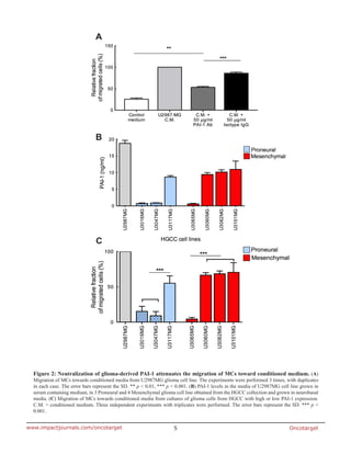 Oncotarget5www.impactjournals.com/oncotarget
Figure 2: Neutralization of glioma-derived PAI-1 attenuates the migration of MCs toward conditioned medium. (A)
Migration of MCs towards conditioned media from U2987MG glioma cell line. The experiments were performed 3 times, with duplicates
in each case. The error bars represent the SD. ** p < 0.01, *** p < 0.001. (B) PAI-1 levels in the media of U2987MG cell line grown in
serum containing medium, in 3 Proneural and 4 Mesenchymal glioma cell line obtained from the HGCC collection and grown in neurobasal
media. (C) Migration of MCs towards conditioned media from cultures of glioma cells from HGCC with high or low PAI-1 expression.
C.M. = conditioned medium. Three independent experiments with triplicates were performed. The error bars represent the SD. *** p <
0.001.
 