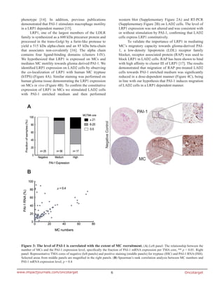 Oncotarget6www.impactjournals.com/oncotarget
phenotype [14]. In addition, previous publications
demonstrated that PAI-1 stimulates macrophage motility
in a LRP1 dependent manner [15].
LRP1, one of the largest members of the LDLR
family is synthesized as a 600 kDa precursor protein and
processed in the trans-Golgi by a furin-like protease to
yield a 515 kDa alpha-chain and an 85 kDa beta-chain
that associates non-covalently [16]. The alpha chain
contains four ligand-binding domains (clusters I-IV).
We hypothesized that LRP1 is expressed on MCs and
mediates MC motility towards glioma derived PAI-1. We
identified LRP1 expression on LAD2 cells by observing
the co-localization of LRP1 with human MC tryptase
(hTPS) (Figure 4A). Similar staining was performed on
human glioma tissue demonstrating the LRP1 expression
on MCs in vivo (Figure 4B). To confirm the constitutive
expression of LRP1 in MCs we stimulated LAD2 cells
with PAI-1 enriched medium and then performed
western blot (Supplementary Figure 2A) and RT-PCR
(Supplementary Figure 2B) on LAD2 cells. The level of
LRP1 expression was not altered and was consistent with
or without stimulation by PAI-1, confirming that LAD2
cells express LRP1 constitutively.
To validate the importance of LRP1 in mediating
MC’s migratory capacity towards glioma-derived PAI-
1, a low-density lipoprotein (LDL) receptor family
blocker, receptor associated protein (RAP) was used to
block LRP1 in LAD2 cells. RAP has been shown to bind
with high affinity to cluster III of LRP1 [17]. The results
demonstrated that migration of RAP pre-treated LAD2
cells towards PAI-1 enriched medium was significantly
reduced in a dose-dependent manner (Figure 4C), being
in line with our hypothesis that PAI-1 induces migration
of LAD2 cells in a LRP1 dependent manner.
Figure 3: The level of PAI-1 is correlated with the extent of MC recruitment. (A) Left panel: The relationship between the
number of MCs and the PAI-1 expression level, specifically the fraction of PAI-1 mRNA expression per TMA core, ** p < 0.01. Right
panel: Representative TMA cores of negative (left panels) and positive staining (middle panels) for tryptase (IHC) and PAI-1 RNA (ISH).
Selected areas from middle panels are magnified in the right panels. (B) Spearman’s rank correlation analysis between MC numbers and
PAI-1 mRNA expression level, ρ = 0.4
 