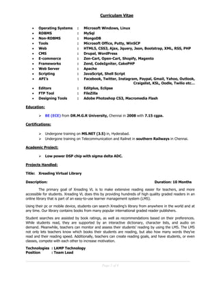 Curriculam Vitae
Page 2 of 6
 Operating Systems : Microsoft Windows, Linux
 RDBMS : MySql
 Non-RDBMS : MongoDB
 Tools ...