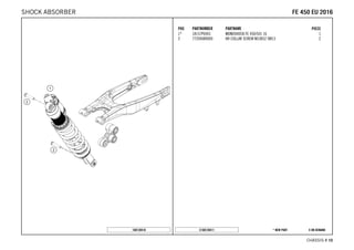 X ON DEMAND* NEW PARTC168130411
CHASSIS # 1100
POS PARTNUMBER PARTNAME PIECE
1* 18157P6901 MONOSHOCK FE 450/501 16 1
2 77204089000 HH COLLAR SCREW M10X52 SW13 2
168130410
FFEE 445500 EEUU 22001166SHOCK ABSORBER
 