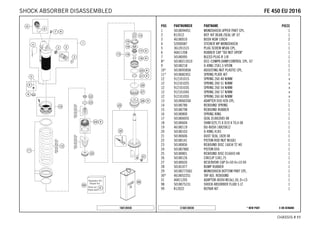 X ON DEMAND* NEW PARTC168130430
CHASSIS # 1111
POS PARTNUMBER PARTNAME PIECE
1 50180944S1 MONOSHOCK UPPER PART CPL. 1
2 R12012 REP. KIT BEAR./SEAL UP. 07 1
3 46180010 BUSH KGW 10X24 2
4 52000087 STICKER WP MONOSHOCK 1
5 36120151S PLUG SCREW M5X6 CPL. 1
6 46811208 RUBBER CAP "DO NOT OPEN" 1
7 50180095 BLEED PLUG R 1/8 1
8* 50180213S10 DCC-COMPR.DAMP.CONTROL CPL. 07 1
9 50180218 O-RING 25X1,5 VITON 1
10* 50180938SA ADJUSTING NUT PLASTIC CPL. 1
11* 50180824S1 SPRING PLATE KIT 1
12 91210101S SPRING 260 48 N/MM x
12 91210102S SPRING 260 51 N/MM x
12 91210103S SPRING 260 54 N/MM x
12 91210104S SPRING 260 57 N/MM x
12 91210105S SPRING 260 60 N/MM x
13 50180603SA ADAPTER D50 H28 CPL. 1
14 50180780 REBOUND SPRING 1
15 50180798 REBOUND RUBBER 1
16 50180800 SPRING RING 1
17 50180605S SEAL D18X30X5 08 1
18 50180604 SHIM D29,75 X D19 X T0,4 08 1
19 46180119 DU-BUSH 18X20X12 1
20 50180103 O-RING 41X5 1
21 50180606 DUST SEAL 1828 08 1
22 50180141 PISTON ROD NUT M16X1 1
23 50180836 REBOUND DISC 16X34 T2 H0 1
24 50180786E PISTON D50 1
25 50180801 REBOUND DISC D16X43 H8 1
26 50180126 CIRCLIP 53X1,75 1
27 50180626 RESERVOIR CAP D=50 H=10 09 1
28 50181077 BUMP RUBBER 1
29 50180773SA1 MONOSHOCK BOTTOM PART CPL. 1
30* 46180522S1 TAP ADJ. REBOUND 1
31 46811205 ADAPTOR-BUSH M10x1,50, D=15 1
98 50180751S1 SHOCK ABSORBER FLUID 5 LT 1
99 R12022 REPAIR KIT 1
168130430
FFEE 445500 EEUU 22001166SHOCK ABSORBER DISASSEMBLED
 