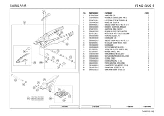 X ON DEMAND* NEW PARTC148130495
CHASSIS # 1133
POS PARTNUMBER PARTNAME PIECE
2 81304030044 SWING ARM CPL. 1
4 77304066050 BUSHING F. CHAIN SLIDING PR.07 2
5 0009050106 EJOT SPIRAL SCREW SF M5X10-K 2
6 76504042000 BRAKE LINE GUIDE 08 1
7 59009062013 SPECIAL SCREW M6X13 WS=8 10.9 2
8 54804034000 BUCKET F. SHAFT SEAL RING 03 4
9 0760253270 SHAFT SEAL RING 25X32X7 4
10 59404032000 BEARING SLEEVE 17X22X38,7 03 2
11 0618222812 NEEDLEBEAR HK2212V 22/28/12 MB 4
12 54603036000 STOP DISK 22,2X31,7X1 2
14 78104070100 CHAIN GUIDE EXC 1
15 59009062019 SPECIAL SCREW M6X19 WS=8 10.9 1
16 0025060456 HH COLLAR SCREW M6X45 TX30 1
20 78104060000 CHAINGUARD 1
21 56509064100 SELF LOCKING NUT M6 10.9 1
22 0017060205 SCREW FOR PLASTIC K60X20 SW6 1
23 0021060003 WASHER DIN9021-A 6,4 1
25 77304037000 SWINGARM BOLT M16X1,5 07 1
26 54804038000 SELF LOCK.NUT M16X1,5 WS=19 03 1
27 77204041000 CLOSING COVER 4
28 77204066010 CHAIN GUARD CPL. 11-15 1
29 54603055051 PRESS IN NUT M6 STEEL ZINC 1
97 78104060010 CHAIN PROTECTION KIT EXC 12-14 x
98 78104070010 CHAIN GUIDE KIT EXC 14-15 x
99 59404230110 SWINGARM-REPAIR KIT 05-14 x
148130490
FFEE 445500 EEUU 22001166SWING ARM
 