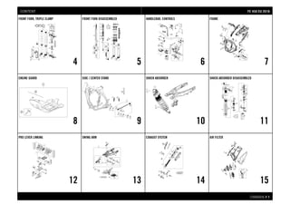 CHASSIS # 11
FRONT FORK, TRIPLE CLAMP
4
FRONT FORK DISASSEMBLED
5
HANDLEBAR, CONTROLS
6
FRAME
7
ENGINE GUARD
8
SIDE / CENTER STAND
9
SHOCK ABSORBER
10
SHOCK ABSORBER DISASSEMBLED
11
PRO LEVER LINKING
12
SWING ARM
13
EXHAUST SYSTEM
14
AIR FILTER
15
FFEE 445500 EEUU 22001166CONTENT
 