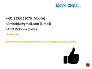 LETS CHAT..
+91 9953218076 (Mobile)
Amitbidu@gmail.com (E-mail)
Amit.Bidholia (Skype)
 Linkedin –
http://www.linkedin.com/profile/view?id=32642624&trk=nav_responsive_tab_profile
 