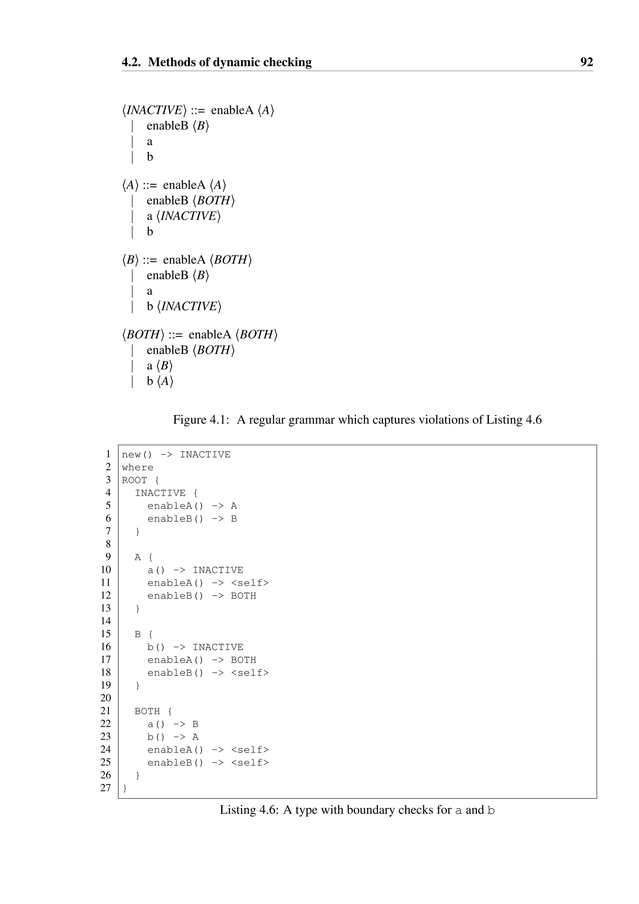 4.2. Methods of dynamic checking 91 
using a specialised class loader. The official Java Virtual Machine allows for the overriding 
of the standard class loader in this way, making it very easy to integrate AspectJ into the 
runtime infrastructure of a system. 
This makes the use of AspectJ especially appealing in meeting the requirements set out in 
Section 4.1, particularly in that it may allow for the enforcement of typestate constraints 
without the explicit cooperation of client code. 
AspectJ Tracematches 
Tracematches are a special form of join-point that allow advice to be executed when a se-quence 
of calls matching a regular expression is detected [4]. Significant effort has already 
been directed at optimising the execution of tracematches [7, 19]. Leveraging this work is 
attractive for performance reasons — where pre-processing of the source of an application 
before deployment is practical, the overhead of dynamic checking of typestate can be signif-icantly 
reduced through the use of whole program static analysis. 
Utilising tracematches to enforce Hanoi constraints requires that a Hanoi model be converted 
into a regular grammar where final calls are illegal, and that this grammar is then used to 
generate a regular expression. 
As an example, consider a type with a boundary typestate pattern captured in the Hanoi 
model shown in Listing 4.6. Here a method a() can only be called once after enableA() 
has been called, after which it is disabled again. The same restriction applies to b() and 
enableB(). Both may be enabled at the same time. 
A grammar which captures illegal uses of this type is shown in Figure 4.1. This can then 
be used to generate a regular expression for a tracematch, shown in Listing 4.7. Conversion 
between a finite state machine and a regular expression can, in the worst case, involve an 
exponential increase in size, as even a small grammar such as this demonstrates. The regular 
expression generated has a “legal prefix” repeated component from Line 15 to Line 30, which 
corresponds to all legal sequences which start and end in the INACTIVE state. This is 
followed by an “illegal suffix” from Line 31 to Line 46, which corresponds to all sequences 
which end with an illegal call to a or b. The longest part of this, from Line 35 to Line 45 
contains all the legal sequences that repeatedly revisit the BOTH state before ending in an 
illegal repeated call to either a or b. 
One disadvantage to this approach is that limited information is available for generating a 
useful error message to help with diagnosing the typestate violation. With a regular expres-sion 
that captures all possible illegal sequences, we cannot isolate which particular pattern 
was detected. A collection of complementary regular expressions could be used which each 
 