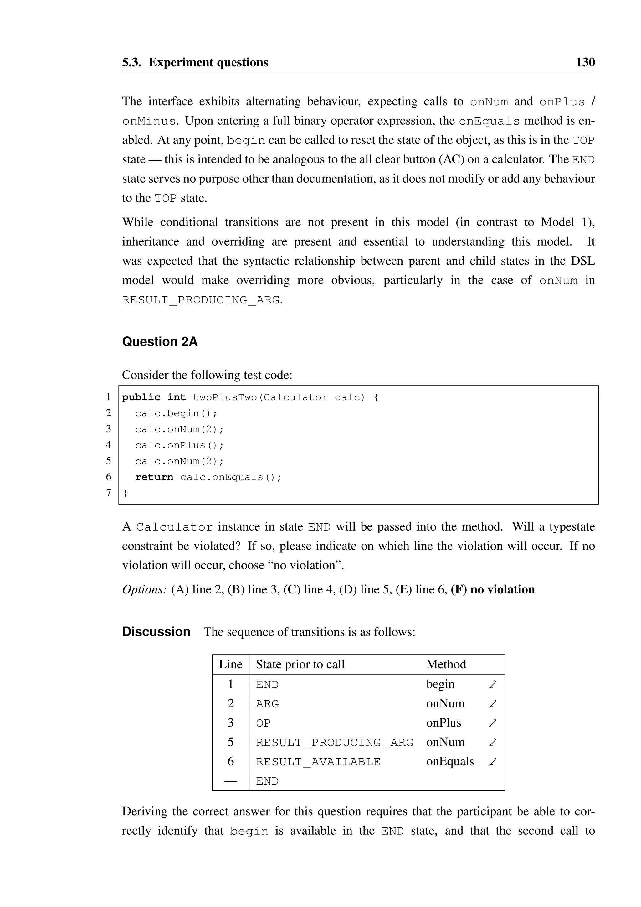 5.3. Experiment questions 129 
6 @State(name=RESULT_PRODUCING_ARG, parent=ARG), 
7 @State(name=RESULT_AVAILABLE, parent=OP) 
8 }) 
9 public interface ICalculator { 
10 
11 @Transition(from=TOP, to=ARG) 
12 public void begin(); 
13 
14 @Transitions({ 
15 @Transition(from=ARG, to=OP), 
16 @Transition(from=RESULT_PRODUCING_ARG, to=RESULT_AVAILABLE) 
17 }) 
18 public void onNum(int num); 
19 
20 @Transition(from=OP, to=RESULT_PRODUCING_ARG), 
21 public void onPlus(); 
22 
23 @Transition(from=OP, to=RESULT_PRODUCING_ARG) 
24 public void onMinus(); 
25 
26 @Transition(from=RESULT_AVAILABLE, to=END) 
27 public int onEquals(); 
28 } 
State chart: 
TOP 
ARG OP 
RESULT 
PRODUCING 
ARG 
RESULT 
AVAILABLE 
END 
onMinus 
onNum 
onNum 
end 
begin 
onPlus 
Discussion This model is intended to provide an example of a stateful event-driven in-terface, 
as would likely be found in user interface toolkits or SEDA1 networking toolkits like 
Netty [86]. 
1Staged Event Driven Architecture [150] 
 