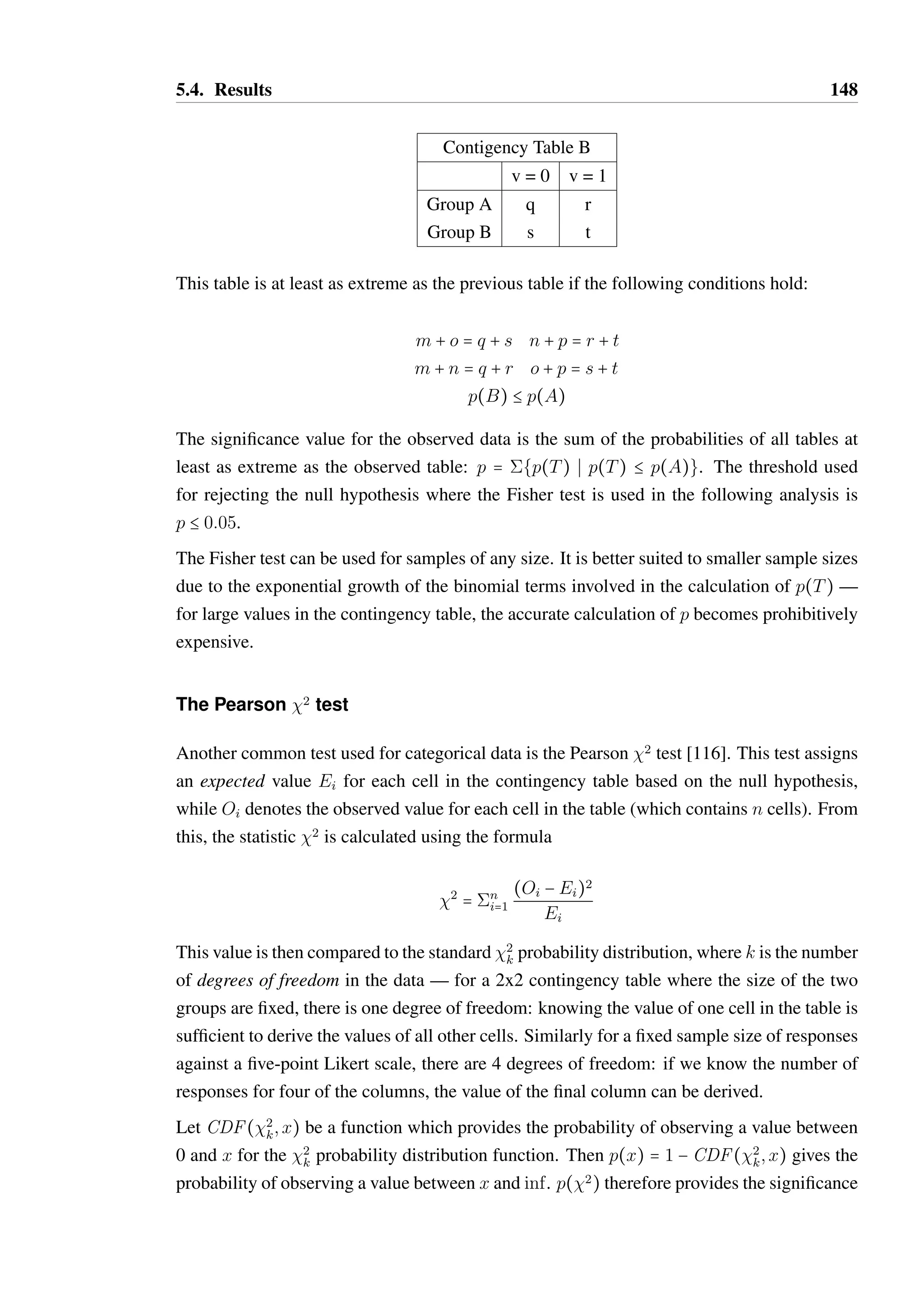 5.4. Results 147 
while a = 0 indicates perfect separation, with all of group a preceding group b (with a = 1 
meaning group b precedes group a). There is no fixed  value for significance, therefore it it 
not a meaningful statistic on its own — for example, if na = nb = 10, then the significance 
threshold for  would be 0:23 as U‡ = 23 for such a sample size. If na = 20, nb = 4 then 
 B 0:175 indicates significance as U‡ = 14. 
Values such as the mean, median and standard deviation values for reading or question an-swer 
times for each group shall be presented where appropriate. Generally, a subscript of D 
denotes the DSL group (those who were presented a DSL based model), while a subscript of 
A denotes the annotation group (those who were presented an annotation based model). The 
symbols tA and tD are used to denote mean times, ~tA and ~tD denote the median times, while 
A and D denote the standard deviations. 
Analysis of contingency tables 
In analysing results for a correlation between model type and performance in answering 
individual questions, Fisher’s exact test is suitable due to the small sample size and the 
categorical structure of the data. The data can be arranged as a 2x2 contingency table, relating 
the model type shown to the number of correct / incorrect answers observed against that 
model type. 
For instance, consider the following contingency table which relates groups A and B to some 
measured binary variable v: 
Contigency Table A 
v = 0 v = 1 
Group A m n 
Group B o p 
The sizes of the groups are given by na = m+ n and nb = o + p. The total number of samples 
where v = 0 is given by v0 = m+ o, and similarly v1 = n + p. 
Fisher’s exact test determines the probability of observing such data under the null hypothe-sis, 
that groups A and B are the same: 
p(A) = 
‰na 
mŽ‰nb 
o Ž 
‰na+nb 
v0 
Ž 
In order to derive a significance level which can be used to decide whether to reject the null 
hypothesis, the Fisher test requires that we must also consider all other tables which are at 
least as extreme as the observed table. Consider the following table: 
 