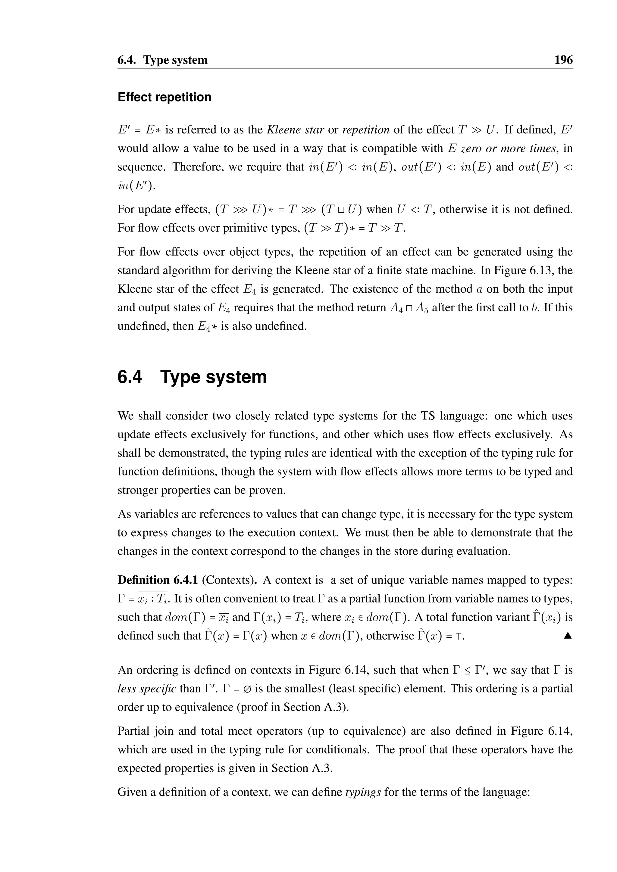 6.3. Types 194 
E₁ = O₁@S₁ ≫ O₁@{S₁, S₂} 
E₂ = O₂@S₁ ≫ O₂@S₃ 
a : A₂ b : B₂ 
S₁ S₂ S₃ 
E₃ = O₃@S₁ ≫ O₁@S₃ 
a : A₃ 
b : B₃ 
S₁ S₂ 
S₃ 
c : C₃ 
S₁ 
a : A₁ 
S₂ 
c : C₁ 
a : A₁ ⊓ A₂ 
E₁ ∣ E₃ 
a : A₁ ⊓ A₃ 
S₄ 
b : B₂ 
S₅ 
S₁ S₃ 
a : A₁ 
b : B₃ 
S₂ 
c : C₁ 
S₄ 
c : C₁ ⊓ C₃ 
a : A₁ 
S₇ 
c : C₁ 
a : A₃ 
b : B₃ 
S₈ S₆ 
S₉ 
c : C₃ 
E₄ = O₄@S₁ ≫ O₄@S₂ 
S₁ S₂ 
a : A₄ b : B₄ a : A₅ 
E₁ ⋅ E₂ 
S₁ S₂ 
S₃ 
c : C₁ 
a : A₁ ⊓ A₂ 
S₅ 
a : A₂ 
b : B₂ 
S₆ 
c : C₁ 
a : A₂ 
E₄* 
a : A₄ b : B₄ 
S₂ 
b : B₄ 
a : A₄ ⊓ A₅ 
S₁₁ 
Figure 6.13: Example applications of the effect combinators 
 