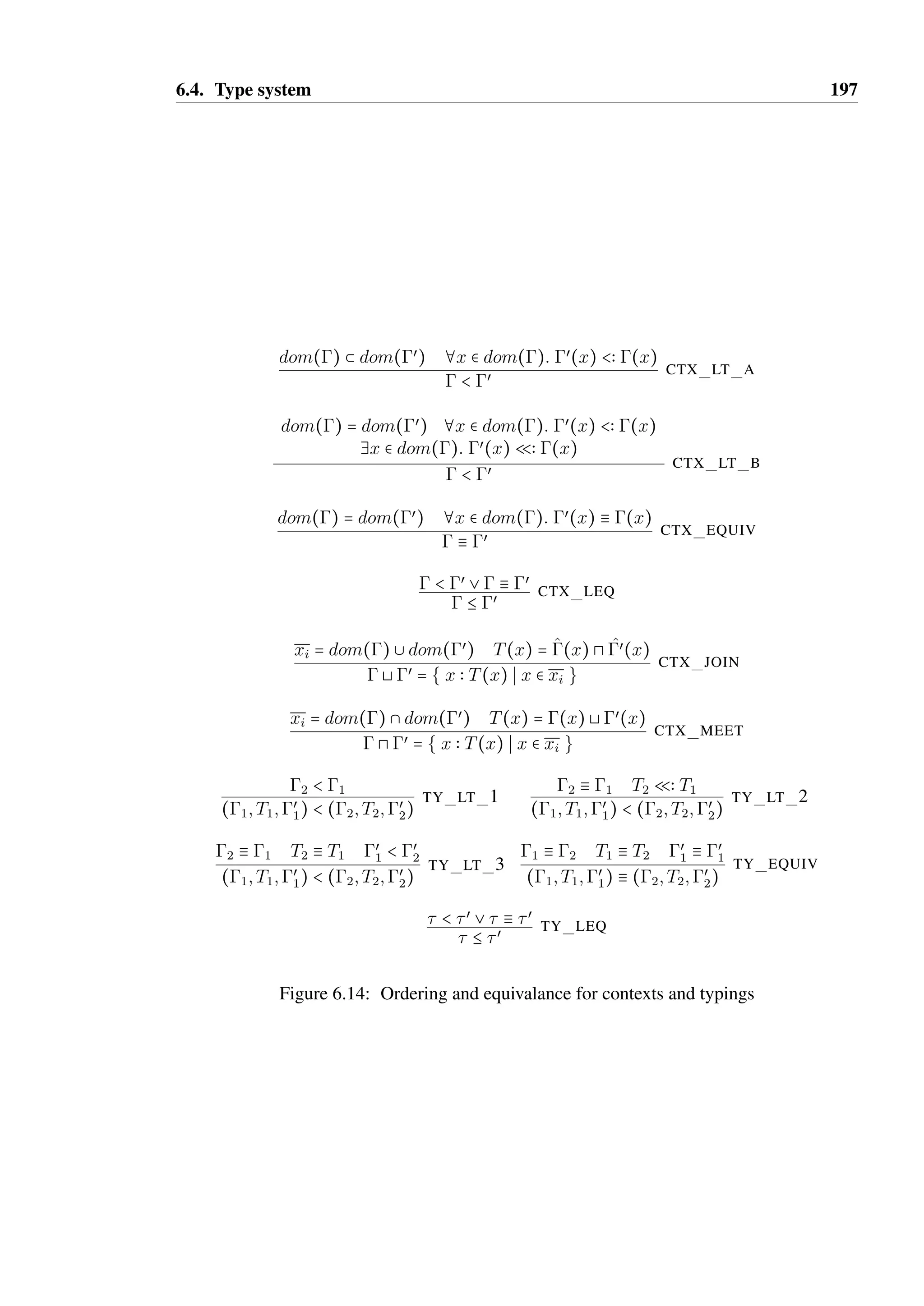 6.3. Types 195 
• The effect — Q — is the identity element for flow effect concatenation — — Q —  T Q 
U = T Q U and T Q U  — Q — = T Q U. 
• T Q U  U Q V = T Q V . 
• If X Q Y = T Q U  V Q W is defined, then T Q U B X Q Z and V Q W B Z Q Y 
where Z = remap(X; T Q U). 
Effect union 
E = E1 S E2 is referred to as the union of the effects E1 and E2. E1 S E2, if defined, 
would allow a value to be used in a way that is compatible with effect E1 or E2. Therefore, 
we require that in(E)  in(E1), in(E)  in(E2) and out(E)  remap(in(E);E1) @ 
remap(in(E);E2). Effect union must be commutative and associative. 
For update effects, union is equivalent to the meet of the two update effect types: T SU S 
V SW = (T A V ) S (U @W). 
For flow effects over primitive types, T Q T S U Q U = V Q V where V = T A U. This is 
coincidentally the same definition as for effect concatenation. 
Union for flow effects over objects types can be defined using the standard algorithm for state 
machine union. In Figure 6.13, the effect E1 S E3 is derived using this algorithm. Similar 
to the effect concatenation case, the ambiguity in the end state of E1 results in a significant 
number of possible end states in E1 S E3. The initial state of E1 S E3 is the union of the initial 
states in E1 and E3, therefore both methods a and c are available, and a must return A1 AA3. 
State S3 in E1 S E3 is the union of S1 from E1 and S2 from E3, therefore the method c in this 
state must return C1 A C3. If either of these are undefined, then E1 S E3 is undefined. 
Flow effect union has the following properties: 
• — Q — S T Q U = T Q (T @ U) — the union of the effect — Q — with any other effect 
is equivalent to that effect being applied zero or one times. 
• T Q U S T Q V = T Q (U @ V ). 
• If X Q Y = T Q U S V Q W, then T Q U B X Q Y1 and V Q W B X Q Y2 where 
Y1 = remap(X; T Q U) and Y2 = remap(X; V Q W) such that Y1 @ Y2 = Y . 
The union of a flow effect and an update effect is less straightforward than for concatentation. 
We must treat the union of these effects as an update effect, such that T Q U A V SW = 
(T A V )S(U @W), if defined. Without knowing which of the two effects will be applied, 
it is safer to treat T Q U as its update effect equivalent, T SU. 
 