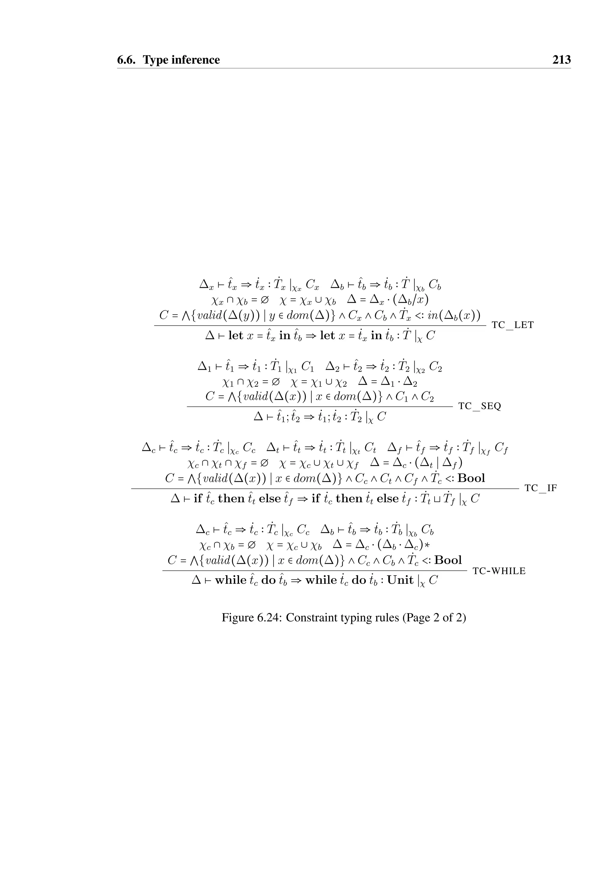 6.6. Type inference 211 
_E 
(—@) = — 
(Unit) = Unit 
(Bool) = Bool 
Ð(( 
i)  _V 
) = ( 
ÐÐÐ@ 
( _E 
i))  ( _V 
) 
({Si{mij  _T 
ij  Sij}}@S) = {Si{mij  ( _T 
ij)  Sij}}@S 
( _T 
@ _U 
) = ( _T 
) @ ( _U 
) 
( _T 
A _U 
) = ( _T 
) A ( _U 
) 
(remap( _T 
; _E 
)) = remap(( _T 
); ( _E 
)) 
( _T 
Q _U 
) = ( _T 
) Q ( _U 
) 
( _T 
S _U 
) = ( _T 
)S( _U 
) 
() = œ 
_T 
 ( _T 
  
 otherwise 
¡ 
Figure 6.22: Definition of type variable substitution 
 Ø true 
SAT TRUE 
 Ø C  Ø Cœ 
 Ø C , Cœ SAT CONJ 
( _T 
) = T ( _U 
) = U T  U 
 Ø _T 
 _U 
SAT SUB 
( _T 
) = T ( _U 
) = U VALID FL EFFTU 
 Ø valid( _T 
Q _U 
) 
SAT VALID FL 
( _U 
_T 
) = T ( ) = U 
 Ø valid( S _U 
_) 
T 
SAT VALID UP 
Figure 6.23: The constraint satisfaction judgement,  Ø C 
 