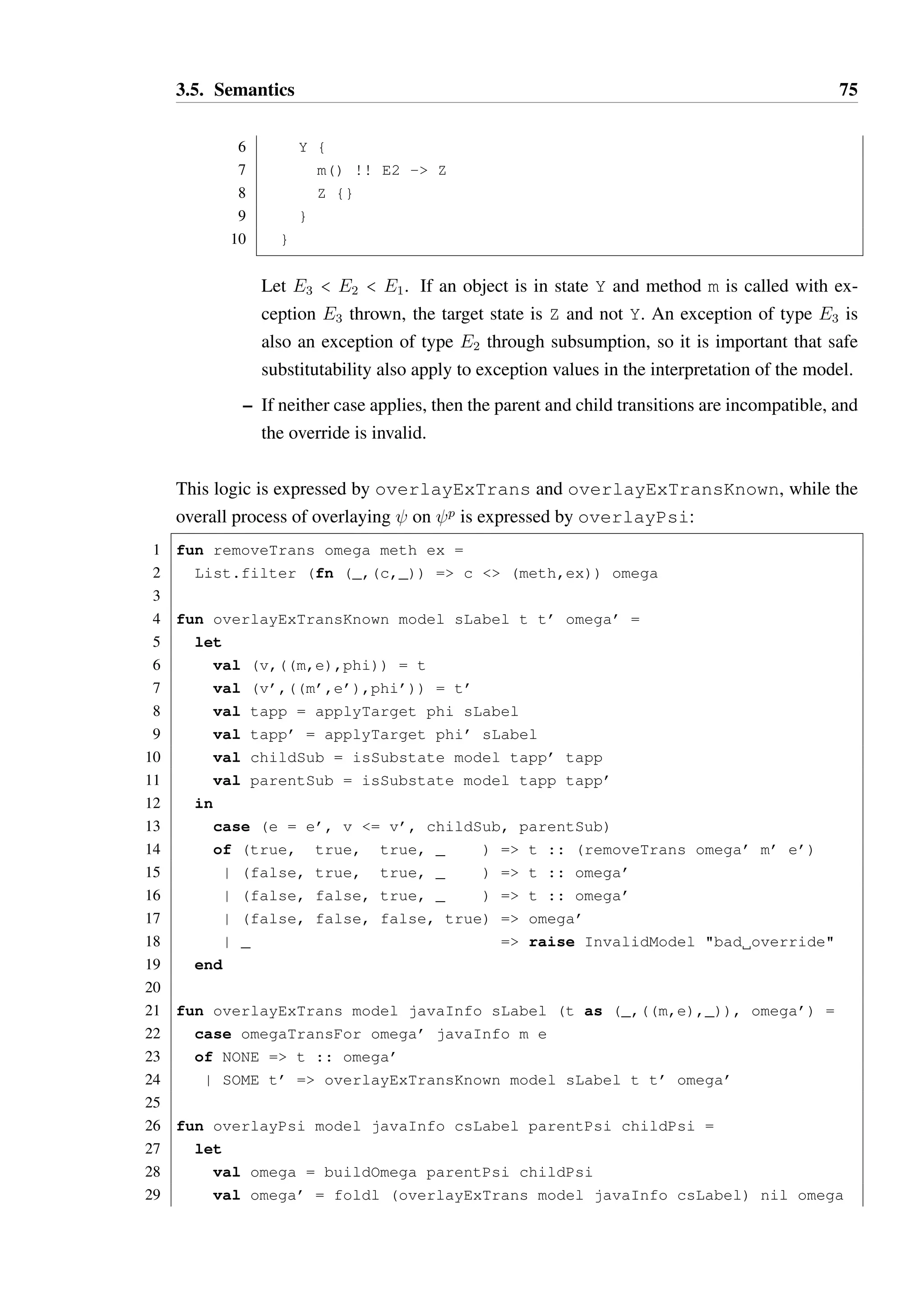 3.5. Semantics 74 
m  mœ Ô t1  t2 
m = mœ , e ‡ eœ Ô t1  t2 
m = mœ , e = eœ , v  vœ Ô t1  t2 
The ordering on method signatures can be arbitrary, and the ordering ‡ on exceptions can 
be any linear extension of the parent relation for exceptions. The ordering of targets is 
irrelevant as we are guaranteed by checking for non-deterministic transitions in each   that 
(v; m; e; )  ! , (v; m; e; œ)  ! Ô  = œ. As such, t  tœ is a total ordering. Let t B tœ 
be the reflexive, transitive closure of this ordering. 
The ! relation is processed from greatest element to least element according to this total 
ordering, in order to check and override the targets as necessary. 
Let !œ be a processed fragment of ! and tn = (v; m; e; )  ! be the next transition to be 
processed, in order to produce a new processed fragment !œœ. We search !œ for a least upper 
bound tœ of t where tœ applies to the same method: tœ = (vœ;mœ; eœ; œ) such that m = mœ, 
e B‡ eœ and ¦tœœ  !œ:tn B tœœ Ô tœ B tœœ. If tœ does not exist, then tn does not override any 
transitions and !œœ = !œ + tn. If tœ exists, then there are three cases to consider: 
• e = eœ and v  vœ, meaning tn is a direct override of tœ. If (S) r œ(S), then the 
override is valid and !œœ = !œ −tœ +tn (in order to avoid introducing a non-deterministic 
transition for a call to method m throwing exception e). Otherwise, the override is 
invalid. 
• e  eœ and v B vœ, meaning tn is an indirect override of tœ. If (S) r œ(S), then the 
override is valid and !œœ = !œ + tn. Otherwise, the override is invalid. 
• e  eœ and vœ  v. This case is more difficult to interpret — t is a parent transition that 
may override the transition tœ from the child: 
– If (S) r œ(S), the parent defines a more specific target than the child, and 
!œœ = !œ + tn. 
– If œ(s) r (S), the child defines a more specific target than the parent, but for a 
less specific exception type. This is a form of indirect overriding that is permitted 
for Hanoi. The transition tn is simply ignored in this case, such that !œœ = !œ. 
An example of this behaviour can be seen in the following hypothetical model: 
1 X { 
2 m() - Y 
3 m() !! E1 - X 
4 m() !! E3 - Y 
5 
 