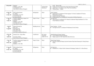 GARY_CV_2015-15
7
6 March 00 Stanmore
Middlesex HA7 1BQ
Tel: 020 8204 7155
Anna Martin (Contracts Manager)
(Valmet Paper
Machinery)
At KC – Barrow Mill.
Produce All Associated Isometric Pipe Detail Drawings, BOM.
Attend Site To Co-ordinate start of Pipe Work Installation
Piping package - Cadpipe,
15 July. 99
To
14 Jan. 00
IMA Cooling Systems
St. Albans
Hertfordshire AL4 9LP
Tel: 01727 841366
Ian Nash (Director)
Refrigeration Direct Project Engineer
Supervision & co-ordination Of Site Engineers To Ensure Completion Of Various
Refrigeration Contracts.
Setting Up Of New Workshop.
Producing H&S File, Including Risk Assessments & Method Statements.
11 Apr. 99
To
5 July. 99
The Reiss Engineering Company Ltd
2 Dalston Gardens
Stanmore
Middlesex HA7 1BQ
Tel: 0181 204 7155
Anna Martin (Contracts Manager)
Paper & Tissue Direct Site Supervisor
Supervision & Co-ordination Of A Steam & Condensate Piping Installation For A New
Tissue Machine in Germany.
4 Jan 99
To
9 April 99
Maxwell Stewart Plc
Bury Lane
Rickmansworth
Herts. WD3 1DP
Tel: 01923 777654
Jim Uhbi (Commercial Director)
Building Services Direct Project Engineer – On Site
Site Supervision & Co-ordination Of Mechanical Fit-Out Works
23 Nov 98
To
24 Dec 98
Nestle UK Ltd – Hays Office
Tel: 0181 5733811
Keith Gibbson (Projects Manager)
Food/Process Ray Gaines
Associates
01494 817178
Piping/Mechanical Design Engineer
Access Platform Design & Detailing
Piping Layouts For New Natural Gas Main & Services
2 Nov. 98
To
20 Nov. 98
The Reiss Engineering Company Ltd
2 Dalston Gardens
Stanmore
Middlesex HA7 1BQ
Paper & Tissue Direct Piping Design Engineer
Steam & Condensate Piping Layout & Isometric Pipe Detail Drawings for Viking Project -
Turkey
31 Aug. 98
To
31 Oct. 98
IMA Cooling Systems
St. Albans
Hertfordshire AL1 4TB
Tel: 01727 841366
Ian Nash (Director)
Refrigeration Direct Site Supervisor
Installation Of A High Profile Coldroom & Packaging Complex In E. Africa (Kenya)
 