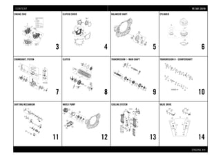 ENGINE # 11
ENGINE CASE
3
CLUTCH COVER
4
BALANCER SHAFT
5
CYLINDER
6
CRANKSHAFT, PISTON
7
CLUTCH
8
TRANSMISSION I - MAIN SHAFT
9
TRANSMISSION II - COUNTERSHAFT
10
SHIFTING MECHANISM
11
WATER PUMP
12
COOLING SYSTEM
13
VALVE DRIVE
14
FFEE 550011 22001166CONTENT
 