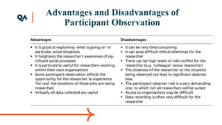Advantages and Disadvantages of
Participant Observation
 