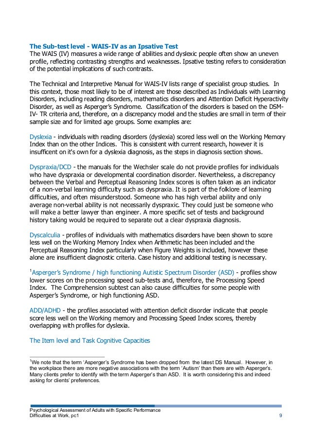 psychological assessment of adults with specific academic strengths and weaknesses