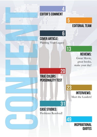 3
INSPIRE|2014LimitedEdition
Reviews:
Great Movie,
great books,
make your day!
Case STudies:
Problems Resolved!
Editor’s Comment
Editorial Team
true colors
personality test
inspirational
quotes
Interviews:
Meet the Leaders!
4
5
6
13
23
20
31
49
CONTENTCOver Article:
Planting Your Legacy
 