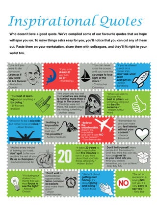 49
INSPIRE|2014LimitedEdition
“Live as if you
were to die
tomorrow.
Learn as if
you were
to live forever.”
- Mahatma- Mahatma
Gandhi
“If you can
dream it,
you can
do it.”
- Walt Disney
“You can never
cross the ocean
until you have the
courage to lose
sight of the
shore.”
- Christopher
ColumColumbus
“Strive not to be a success,
but rather to be of value.”
- Albert Einstein
“We know only too well
that what we are doing
is nothing more than a
drop in the ocean. But
if the drop were not
there, the ocean would
be missing something.”
- Mother Teresa- Mother Teresa
“When we seek to
discover the
best in others, we
somehow bring out
the best in
ourselves.”
- William Arthur- William Arthur
Ward
“Don't wait for
extraordinary
opportunities.
Seize common
occasions
and make them
great.”great.”
- Orison
Swett Marden
“It is during our
darkest mo-
ments that we
must focus to
see the light.”
- Aristotle
Onassis
“I hated every minute
of training, but I said,
don’t quit. Suffer now
and live the rest of your
life as a champion.”
- Muhammmmad Ali
“Life isn’t about
getting and
having, it’s
about giving
and being.”
- Kevin Kruse
“The art of
leadership is
saying NO,
not yes. It is
very easy to
say yes.”
- Tony Blair
“It takes 20 years to
build a reputation
and five minutes to
ruin it. If you think
about that you’ll do
things differently.”
- Warren Buffett
“Don’t limit yourself. Many
people limit themselves to
what they think they can do.
You can go as far
as your mind lets you.
What you believe,
remember, you can achieve.”
- Mary Kay Ash- Mary Kay Ash
“Remember no
one can make
you feel inferior
without your
consent.”
- Eleanor
Roosevelt
“Believe
the
unbelievable,
dream the
impossible
and don’t take NO
for an answer.”for an answer.”
- Tony Fernandes
“Nothing is
impossible,
the word
itself says
'I'm possible'!”
- Audrey Hepburn
“The best of learn-
ing about anything is
by doing.”
- Sir Richard
Branson
“If you’re offered
a seat on a
rocket ship,
don’t ask what
seat!
Just get on.”
- Sheryl
SandbergSandberg
Who doesn’t love a good quote. We’ve compiled some of our favourite quotes that we hope
will spur you on. To make things estra easy for you, you’ll notice that you can cut any of these
out. Paste them on your workstation, share them with colleagues, and they’ll fit right in your
wallet too.
Inspirational Quotes
 