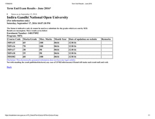 17/09/2016 TermEndResults­June2016
https://studentservices.ignou.ac.in/TE_Result/TermEndJun16/TermEndJun16.asp 1/1
TermEndExamResults­June2016*
StatusasonSeptember15,2016
IndiraGandhiNationalOpenUniversity
(Forinformationonly)
Saturday,September17,201610:07:18PM
TheStatusisindicativeonly&cannotbeusedasasubstituteforthegradeswhicharesentbySED.
Resultsareincomplete.Moreresultsyettofollow
EnrolmentNumber:148137092
Program:MPA
CourseCode Marks/Grade Max.Marks MonthYear Dateofupdationonwebsite Remarks
MPA15 65 100 0616 12/8/16
MPA16 70 100 0616 12/8/16
MPA17 38 50 0616 12/8/16
MPA18 35 50 0616 12/8/16
MSO02 60 100 0616 12/8/16
Disclaimer:Thiselectronicallygeneratedinformationdoesnothaveanylegalvalidity
Notwithstandingtheresultpublished/declared,anycaseofUFM(Unfairmeans)iffoundwillmakesuchresultnullandvoid.
Back
 