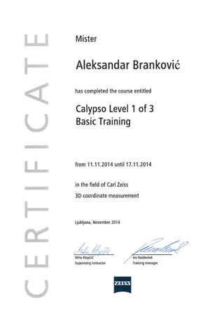 Certificate Calypso level 1 of 3 Basic Training Aleksandar Branković