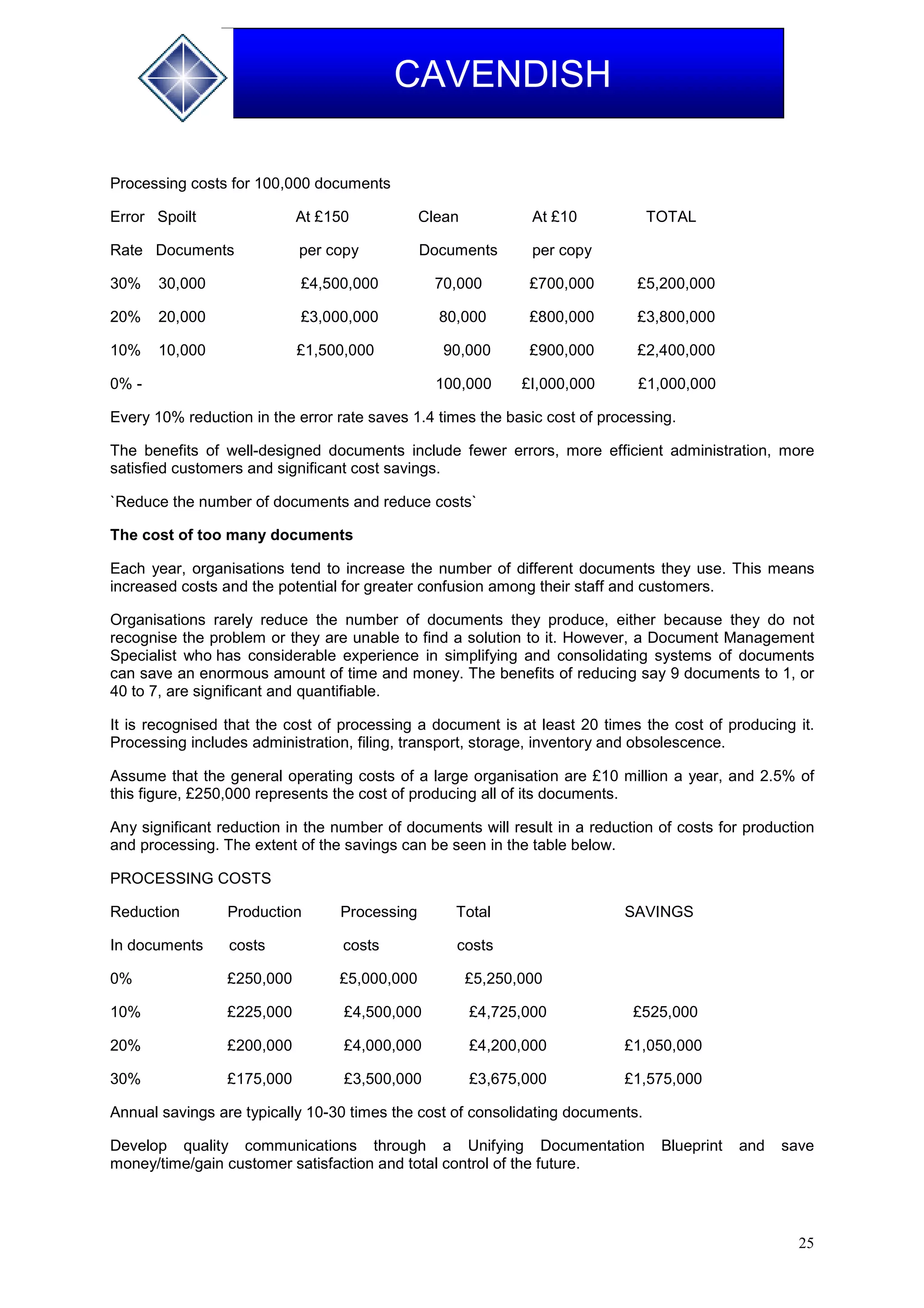25
CAVENDISH
Processing costs for 100,000 documents
Error Spoilt At £150 Clean At £10 TOTAL
Rate Documents per copy Documents per copy
30% 30,000 £4,500,000 70,000 £700,000 £5,200,000
20% 20,000 £3,000,000 80,000 £800,000 £3,800,000
10% 10,000 £1,500,000 90,000 £900,000 £2,400,000
0% - 100,000 £I,000,000 £1,000,000
Every 10% reduction in the error rate saves 1.4 times the basic cost of processing.
The benefits of well-designed documents include fewer errors, more efficient administration, more
satisfied customers and significant cost savings.
`Reduce the number of documents and reduce costs`
The cost of too many documents
Each year, organisations tend to increase the number of different documents they use. This means
increased costs and the potential for greater confusion among their staff and customers.
Organisations rarely reduce the number of documents they produce, either because they do not
recognise the problem or they are unable to find a solution to it. However, a Document Management
Specialist who has considerable experience in simplifying and consolidating systems of documents
can save an enormous amount of time and money. The benefits of reducing say 9 documents to 1, or
40 to 7, are significant and quantifiable.
It is recognised that the cost of processing a document is at least 20 times the cost of producing it.
Processing includes administration, filing, transport, storage, inventory and obsolescence.
Assume that the general operating costs of a large organisation are £10 million a year, and 2.5% of
this figure, £250,000 represents the cost of producing all of its documents.
Any significant reduction in the number of documents will result in a reduction of costs for production
and processing. The extent of the savings can be seen in the table below.
PROCESSING COSTS
Reduction Production Processing Total SAVINGS
In documents costs costs costs
0% £250,000 £5,000,000 £5,250,000
10% £225,000 £4,500,000 £4,725,000 £525,000
20% £200,000 £4,000,000 £4,200,000 £1,050,000
30% £175,000 £3,500,000 £3,675,000 £1,575,000
Annual savings are typically 10-30 times the cost of consolidating documents.
Develop quality communications through a Unifying Documentation Blueprint and save
money/time/gain customer satisfaction and total control of the future.
 