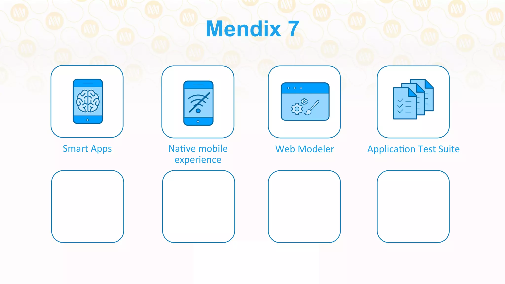 Mendix 7
Smart	
  Apps	
   Web	
  Modeler	
   ApplicaDon	
  Test	
  Suite	
  NaDve	
  mobile	
  
experience	
  
 