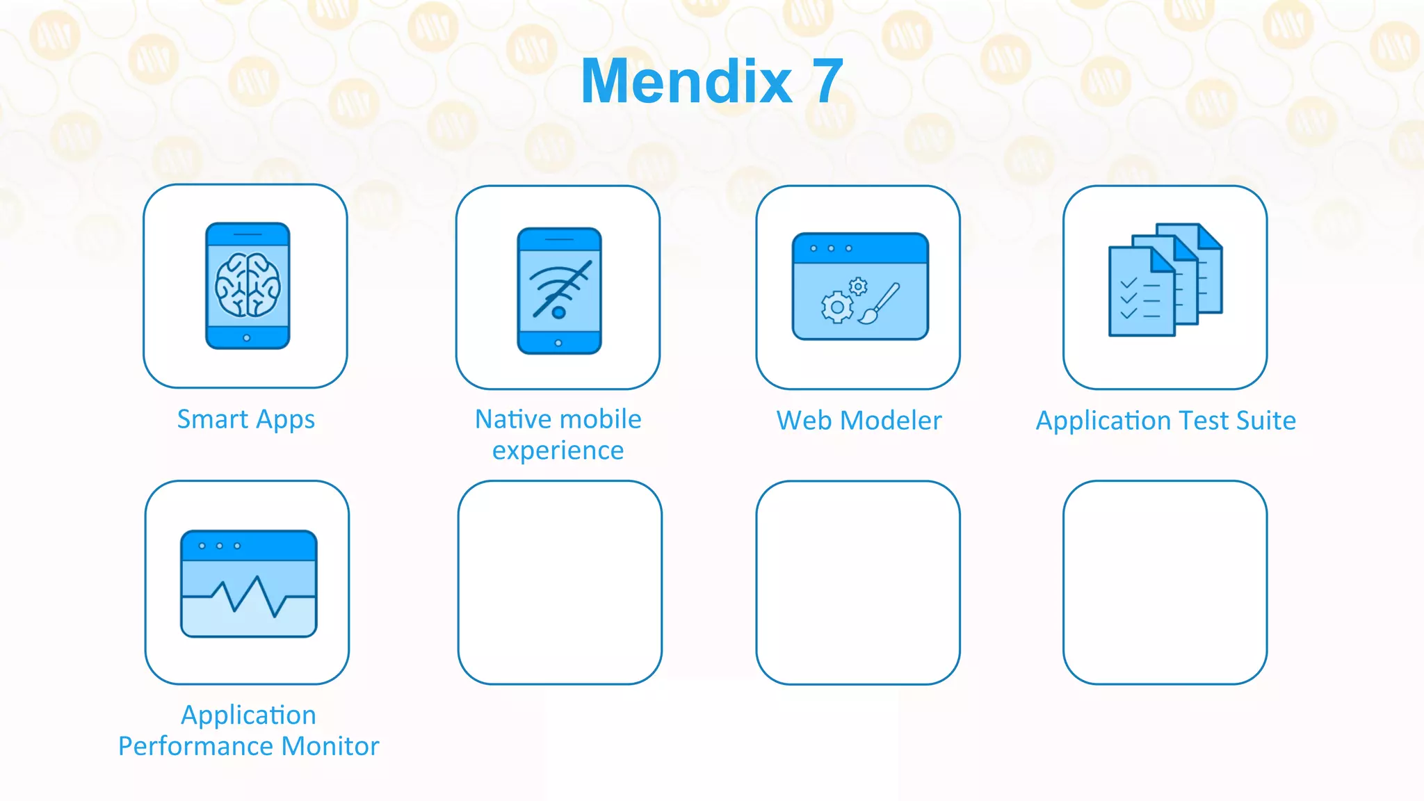 Mendix 7
Smart	
  Apps	
   Web	
  Modeler	
   ApplicaDon	
  Test	
  Suite	
  
ApplicaDon	
  
Performance	
  Monitor	
  
NaDve	
  mobile	
  
experience	
  
 
