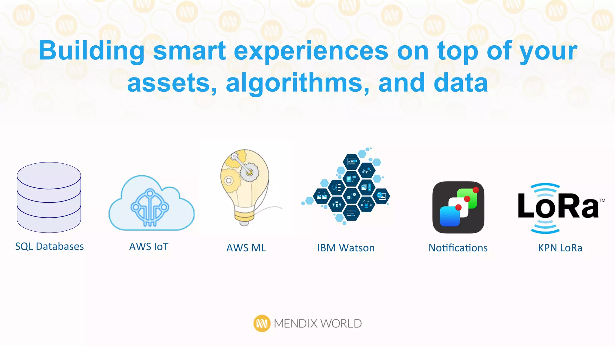 Building smart experiences on top of your
assets, algorithms, and data
SQL	
  Databases	
   AWS	
  IoT	
   AWS	
  ML	
   IBM	
  Watson	
   NoDﬁcaDons	
   KPN	
  LoRa	
  
 