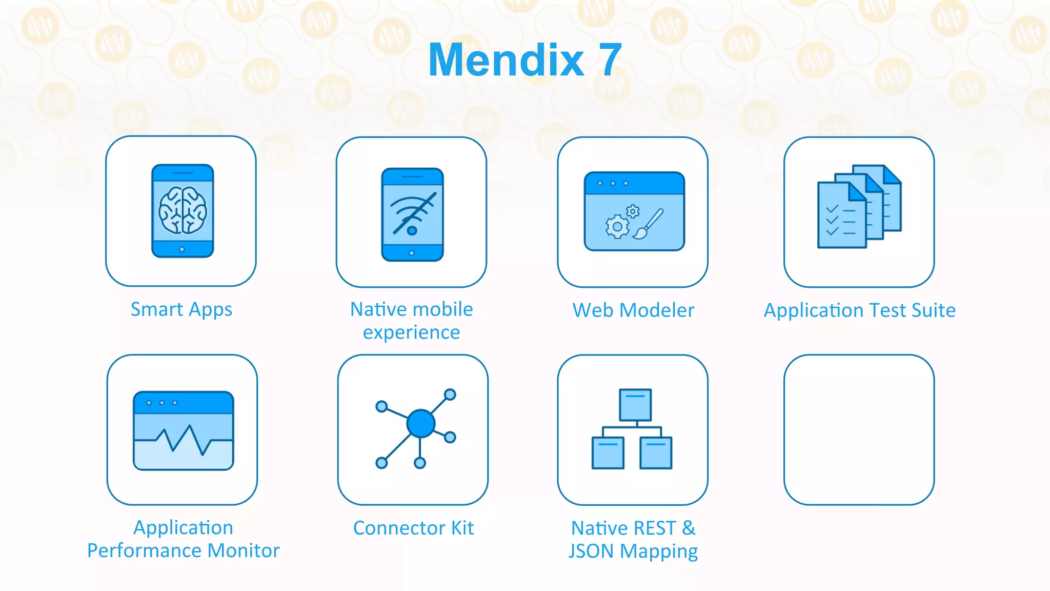 Mendix 7
Smart	
  Apps	
   Web	
  Modeler	
   ApplicaDon	
  Test	
  Suite	
  
ApplicaDon	
  
Performance	
  Monitor	
  
Connector	
  Kit	
   NaDve	
  REST	
  &	
  	
  
JSON	
  Mapping	
  
NaDve	
  mobile	
  
experience	
  
 
