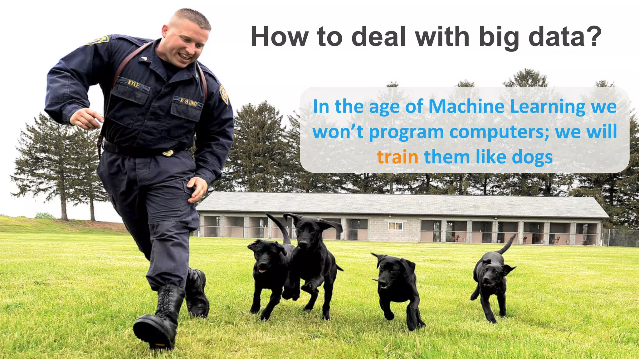 In	
  the	
  age	
  of	
  Machine	
  Learning	
  we	
  
won’t	
  program	
  computers;	
  we	
  will	
  
train	
  them	
  like	
  dogs	
  
How to deal with big data?
 