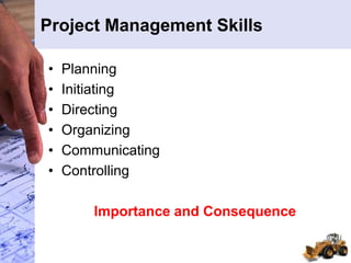 Project Management Skills
• Planning
• Initiating
• Directing
• Organizing
• Communicating
• Controlling
Importance and Consequence
 