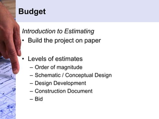 Budget
Introduction to Estimating
• Build the project on paper
• Levels of estimates
– Order of magnitude
– Schematic / Conceptual Design
– Design Development
– Construction Document
– Bid
 