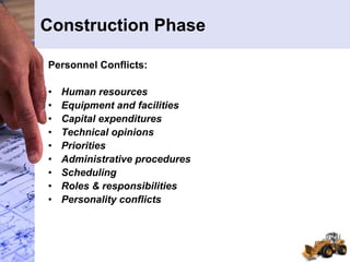 Construction Phase
Personnel Conflicts:
• Human resources
• Equipment and facilities
• Capital expenditures
• Technical opinions
• Priorities
• Administrative procedures
• Scheduling
• Roles & responsibilities
• Personality conflicts
 