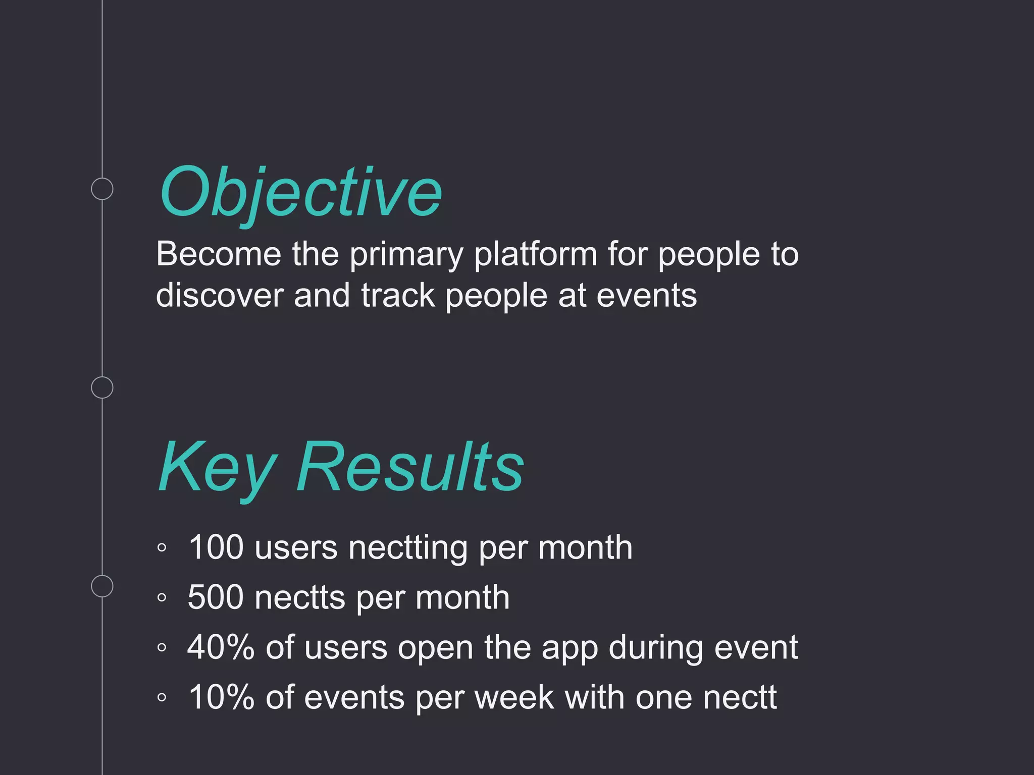 Objective
Become the primary platform for people to
discover and track people at events
Key Results
◦ 100 users nectting per month
◦ 500 nectts per month
◦ 40% of users open the app during event
◦ 10% of events per week with one nectt
 