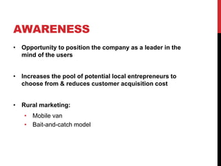 AWARENESS
• Opportunity to position the company as a leader in the
mind of the users
• Increases the pool of potential local entrepreneurs to
choose from & reduces customer acquisition cost
• Rural marketing:
• Mobile van
• Bait-and-catch model
 