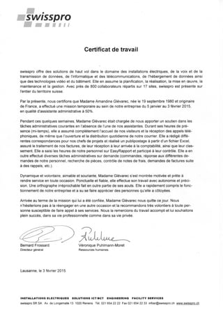 Certificat de travail Swisspro