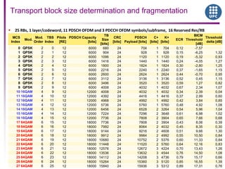 Transport block size determination and fragmentation
MCS
Index
Mod.
Mod.
Order
TBS
Index
Pilots
[RE]
PDSCH Capacity
[bits]
TB
Size
[bits]
CRC
[bits]
PDSCH
Payload [bits]
C+
[bits]
K+
[bits]
ECR
BICM
Threshold
[dB]
Threshold
delta [dB]
0 QPSK 2 0 12 6000 680 24 704 1 704 0,12 -7,57
1 QPSK 2 1 12 6000 904 24 928 1 928 0,15 -6,25 1,32
2 QPSK 2 2 12 6000 1096 24 1120 1 1120 0,19 -5,32 0,93
3 QPSK 2 3 12 6000 1416 24 1440 1 1440 0,24 -4,05 1,27
4 QPSK 2 4 12 6000 1800 24 1824 1 1824 0,30 -2,80 1,25
5 QPSK 2 5 12 6000 2216 24 2240 1 2240 0,37 -1,65 1,15
6 QPSK 2 6 12 6000 2600 24 2624 1 2624 0,44 -0,70 0,95
7 QPSK 2 7 12 6000 3112 24 3136 1 3136 0,52 0,45 1,15
8 QPSK 2 8 12 6000 3496 24 3520 1 3520 0,59 1,27 0,82
9 QPSK 2 9 12 6000 4008 24 4032 1 4032 0,67 2,34 1,07
10 16QAM 4 9 12 12000 4008 24 4032 1 4032 0,34 2,39 0,04
11 16QAM 4 10 12 12000 4392 24 4416 1 4416 0,37 2,99 0,60
12 16QAM 4 11 12 12000 4968 24 4992 1 4992 0,42 3,84 0,85
13 16QAM 4 12 12 12000 5736 24 5760 1 5760 0,48 4,92 1,08
14 16QAM 4 13 12 12000 6456 24 6528 2 3264 0,54 5,96 1,04
15 16QAM 4 14 12 12000 7224 24 7296 2 3648 0,61 6,98 1,02
16 16QAM 4 15 12 12000 7736 24 7808 2 3904 0,65 7,66 0,68
17 64QAM 6 15 12 18000 7736 24 7808 2 3904 0,43 8,06 0,39
18 64QAM 6 16 12 18000 7992 24 8064 2 4032 0,45 8,35 0,30
19 64QAM 6 17 12 18000 9144 24 9216 2 4608 0,51 9,66 1,30
20 64QAM 6 18 12 18000 9912 24 9984 2 4992 0,55 10,50 0,84
21 64QAM 6 19 12 18000 10680 24 10752 2 5376 0,60 11,33 0,84
22 64QAM 6 20 12 18000 11448 24 11520 2 5760 0,64 12,16 0,83
23 64QAM 6 21 12 18000 12576 24 12672 3 4224 0,70 13,43 1,26
24 64QAM 6 22 12 18000 13536 24 13632 3 4544 0,76 14,50 1,08
25 64QAM 6 23 12 18000 14112 24 14208 3 4736 0,79 15,17 0,66
26 64QAM 6 24 12 18000 15264 24 15360 3 5120 0,85 16,55 1,39
27 64QAM 6 25 12 18000 15840 24 15936 3 5312 0,89 17,31 0,76
 25 RBs, 1 layer/codeword, 11 PDSCH OFDM and 3 PDCCH OFDM symbols/subframe, 16 Reserved Res/RB
 