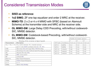  SISO as reference
 1x2 SIMO, ZF one tap equalizer and order 2 MRC at the receiver.
 MIMO-TD: 2 x 2 or 4 x 4 MIMO with SFBC (based on Alamouti
Scheme) at the transmitter side and MRC at the receiver side.
 OL MIMO-SM: Large Delay CDD Precoding, with/without codeword-
SIC, MMSE detector.
 CL MIMO-SM: Codebook-based Precoding, with/without codeword-
SIC, MMSE detector.
Considered Transmission Modes
 