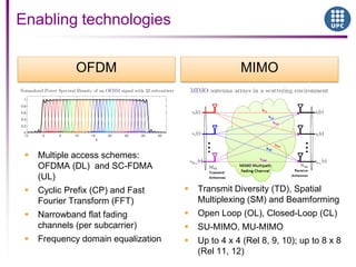 Enabling technologies
OFDM MIMO
 Multiple access schemes:
OFDMA (DL) and SC-FDMA
(UL)
 Cyclic Prefix (CP) and Fast
Fourier Transform (FFT)
 Narrowband flat fading
channels (per subcarrier)
 Frequency domain equalization
 Transmit Diversity (TD), Spatial
Multiplexing (SM) and Beamforming
 Open Loop (OL), Closed-Loop (CL)
 SU-MIMO, MU-MIMO
 Up to 4 x 4 (Rel 8, 9, 10); up to 8 x 8
(Rel 11, 12)
 