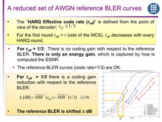 A reduced set of AWGN reference BLER curves
 The “HARQ Effective code rate (reff)“ is defined from the point of
view of the decoder:
 For the first round reff = r (rate of the MCS). reff decreases with every
HARQ round.
 For reff > 1/3 there is a coding gain
reduction with respect to the reference
BLER:
 The reference BLER is shifted dB
1/3effr
1 1
[dB] ( ) (1/3) ( 0)effMIB r MIB
 For reff = 1/3: There is no coding gain with respect to the reference
BLER. There is only an energy gain, which is captured by how is
computed the ESNR.
 The reference BLER curves (code rate=1/3) are OK.
 