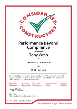 Performance Beyond Compliance Certificate 77460