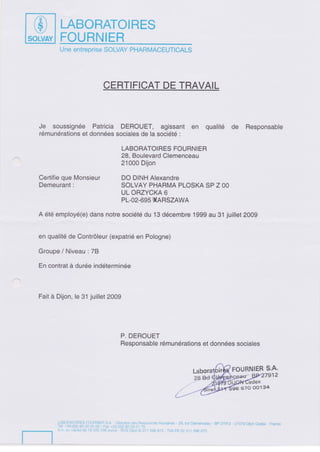 6 - Work Certificate Laboratoires Solvay - Fournier