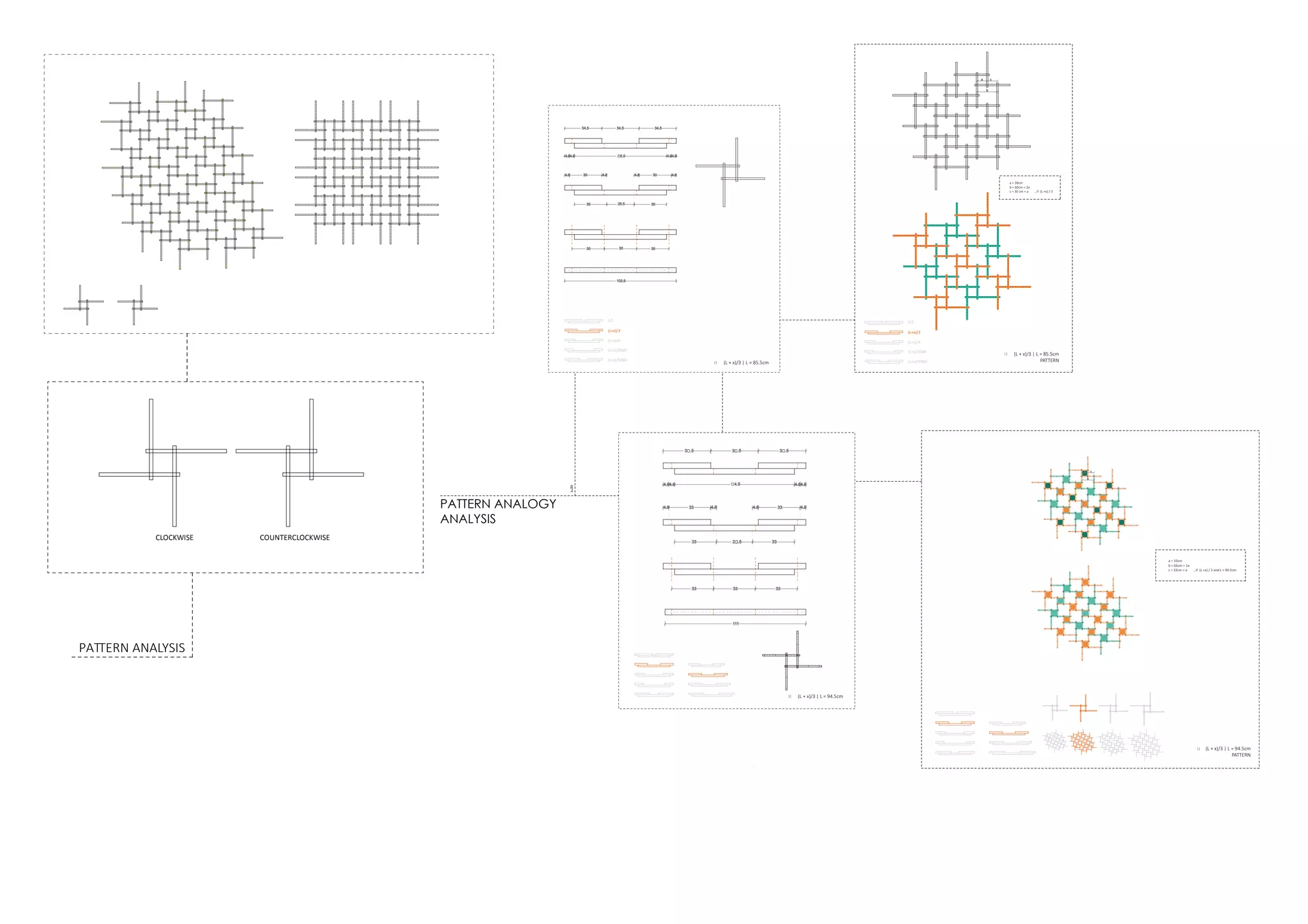 PATTERN ANALYSIS
COUNTERCLOCKWISECLOCKWISE
(L + x)/3 | L = 85.5cm||
(L + x)/3 | L = 85.5cm
PATTERN
||
(L + x)/3 | L = 94.5cm||
(L + x)/3 | L = 94.5cm
PATTERN
||
PATTERN ANAL ANAL
a = 30cm
b = 60cm = 2a
c = 30 cm = a , if (L +x) / 3
a = 33cm
b = 66cm = 2a
c = 33cm = a , if (L +x) / 3 and L = 94.5cm
30 3030
103.5
30 3025.5
30 304.5 4.54.5 4.5
5.54.54.5 4.54.5
34.5 34.534.5
a c
b
33 33 33
3 .5 3 .53 .5
33 334.54.5 4.54.5
33 2 .5 33
4.54.54.5 4.54.5
111
a c
b
L/2
(L+x)/3
(L+x)/4
(L+x)/5 a
(L+x)/5 b
L/2
(L+x)/3
(L+x)/4
(L+x)/5 a
(L+x)/5 b
PATTERN ANALOGY
ANALYSIS
 