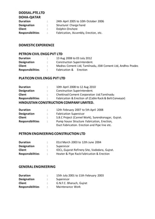 DODSAL.PTE.LTD
DOHA-QATAR
Duration : 24th April 2005 to 10th October 2006
Designation : Structural Charge hand
Client : Dolphin Onshore
Responsibilities : Fabrication, Assembly, Erection, etc.
DOMESTIC EXPERIENCE
PETRON CIVIL ENGG PVT LTD
Duration : 13 Aug 2008 to 03 July 2012
Designation : Construction Superintendent.
Client : Madras Cement Ltd, Tamilnadu, JSW Cement Ltd, Andhra Prades
Responsibilities : Fabrication & Erection
PLATICON CIVIL ENGG PVT LTD
Duration : 10th April 2008 to 12 Aug 2010
Designation : Construction Superintendent.
Client : Chettinad Cement Corporation Ltd.Tamilnadu
Responsibilities : Fabrication & Erection of (Cable Rack & Belt Conveyor)
HINDUSTAN CONSTRUCTION COMPANY LIMITED.
Duration : 12th February 2007 to 5th April 2008
Designation : Fabrication Supervisor
Client : S.B.C Project (Cannel Work), Surendranagar, Gujrat.
Responsibilities : Pump house Structure Fabrication, Erection,
Duct Fabrication. Erection and Pipe line etc.
PETRON ENGINEERING CONSTRUCTION LTD
Duration : 01st March 2003 to 12th June 2004
Designation : Supervisor
Client : IOCL, Gujarat Refinery Site, Vadodara, Gujrat.
Responsibilities : Heater & Pipe Rack Fabrication & Erection
GENERAL ENGINEERING
Duration : 15th July 2001 to 11th February 2003
Designation : Supervisor
Client : G.N.F.C. Bharuch, Gujrat
Responsibilities : Maintenance Work
 