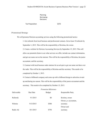 Student ID 000283536 Arcutt Business Capstone Business Plan Version 1 page 22
Planning
Borrowing
Decisions
Tax Preparation $575
Promotional Strategy
We will promote Horizon accounting services using the following promotional tactics:
1. Get referrals from local business and professional contacts. Get at least 10 referrals by
September 1, 2015. This will be the responsibility of Kristina, the owner.
2. Create a website for Horizon Accounting Services by September 15, 2015. This will
allow our potential clients to see what services we offer, include our contact information,
and get our name out on the internet. This will be the responsibility of Kristina, the junior
accountant, and the secretary.
3. Contract with local business radio stations for an ad spot to get our name out there over
the radio. This will be the responsibility of Kristina and the secretary. This needs to be
completed by October 1, 2015.
4. Contact a billboard company and come up with a billboard design to advertise at start
up and during tax season. This will be the responsibility of the junior accountant and the
secretary. This needs to be completed by October 15, 2015.
Promotion Milestones
Deliverable Due Date Budget Responsible Party
Referrals 9/1/2015 $0 Kristina, owner
Website 9/15/2015 $500
Owner, jr. accountant,
secretary
Radio Ad 10/1/2015 $750
Owner and
secretary
 