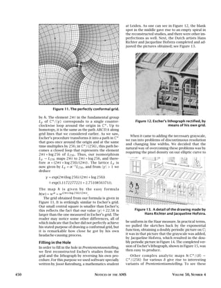 450 NOTICES OF THE AMS VOLUME 50, NUMBER 4
by h. The element 2πi in the fundamental group
Lγ of C∗/ γ corresponds to a single counter-
clockwise loop around the origin in C∗. Up to
homotopy, it is the same as the path ABCDA along
grid lines that we considered earlier. As we saw,
Escher’s procedure transforms it into a path in C∗
that goes once around the origin and at the same
time multiplies by 256; in C∗/ 256 , this path be-
comes a closed loop that represents the element
2πi + log 256 of L256 . Thus, our isomorphism
Lγ → L256 maps 2πi to 2πi + log 256, and there-
fore α = (2πi + log 256)/(2πi) . The lattice Lγ is
now given by Lγ = α−1L256, and from |γ| > 1 we
deduce
γ = exp(2πi(log 256)/(2πi + log 256))
.
= exp(3.1172277221 + 2.7510856371i).
The map h is given by the easy formula
h(w) = wα = w(2πi+log 256)/(2πi) .
The grid obtained from our formula is given in
Figure 11. It is strikingly similar to Escher’s grid.
Our small central square is smaller than Escher’s;
this reflects the fact that our value |γ|
.
= 22.58 is
larger than the one measured in Escher’s grid. The
reader may notice some other differences, all of
which indicate that Escher did not perfectly achieve
his stated purpose of drawing a conformal grid, but
it is remarkable how close he got by his own
headache-causing process.
Filling in the Hole
In order to fill in the hole in Prentententoonstelling,
we first reconstructed Escher’s studies from the
grid and the lithograph by reversing his own pro-
cedure. For this purpose we used software specially
written by Joost Batenburg, a mathematics student
at Leiden. As one can see in Figure 12, the blank
spot in the middle gave rise to an empty spiral in
the reconstructed studies, and there were other im-
perfections as well. Next, the Dutch artists Hans
Richter and Jacqueline Hofstra completed and ad-
justed the pictures obtained; see Figure 13.
When it came to adding the necessary grayscale,
we ran into problems of discontinuous resolution
and changing line widths. We decided that the
natural way of overcoming these problems was by
requiring the pixel density on our elliptic curve to
be uniform in the Haar measure. In practical terms,
we pulled the sketches back by the exponential
function, obtaining a doubly periodic picture on C;
it was in that picture that the grayscale was added,
by Jacqueline Hofstra, which resulted in the dou-
bly periodic picture in Figure 14. The completed ver-
sion of Escher’s lithograph, shown in Figure 15, was
then easy to produce.
Other complex analytic maps h: C∗/ δ →
C∗/ 256 for various δ give rise to interesting
variants of Prentententoonstelling. To see these
Figure 11. The perfectly conformal grid.
Figure 12. Escher’s lithograph rectified, by
means of his own grid.
Figure 13. A detail of the drawing made by
Hans Richter and Jacqueline Hofstra.
 