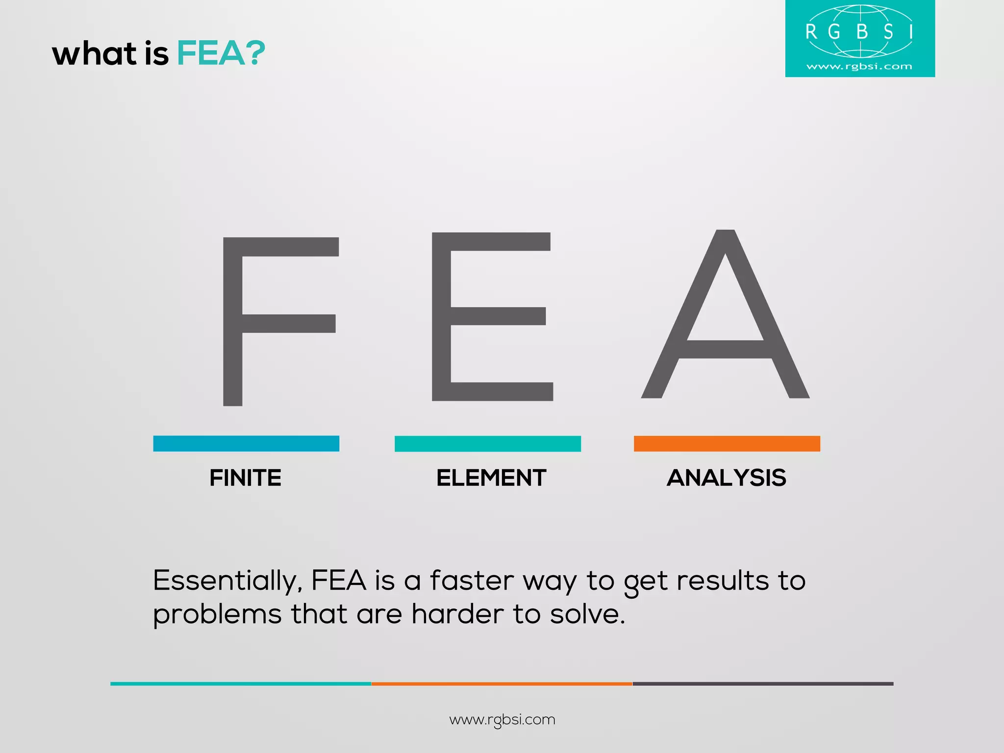 what is FEA? 
www.rgbsi.com 
FINITE 
ELEMENT 
ANALYSIS 
A 
E 
F 
Essentially, FEA is a faster way to get results to problems that are harder to solve.  