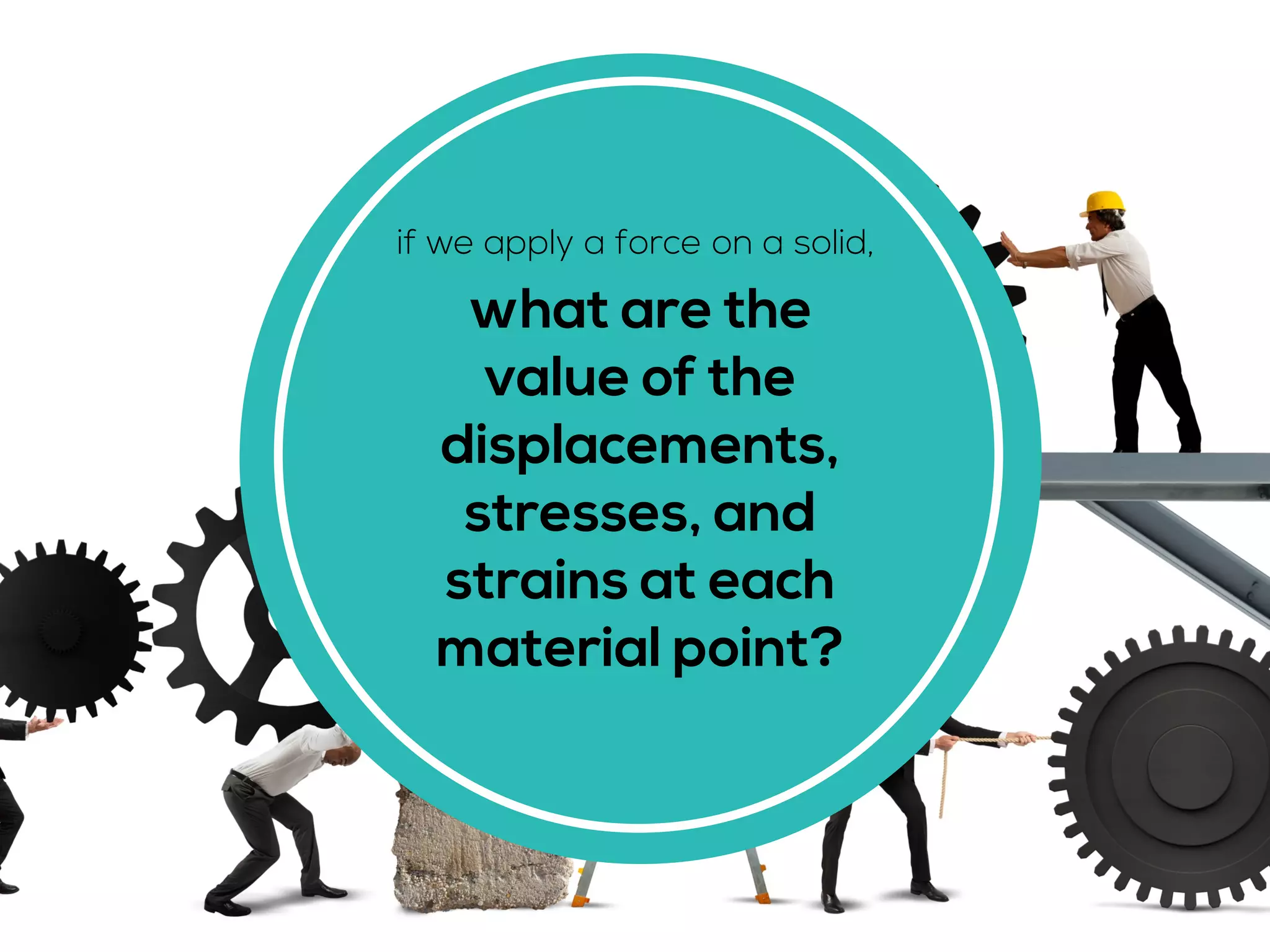 what are the value of the displacements, stresses, and strains at each material point? 
if we apply a force on a solid,  
